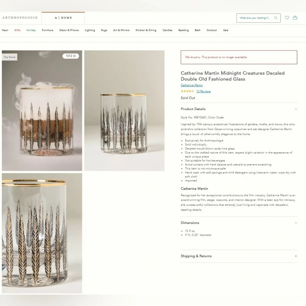 Anthropologie Catherine Martin Midnight Creatures Whiskey Glass - Set of 4. New! - Picture 6 of 7
